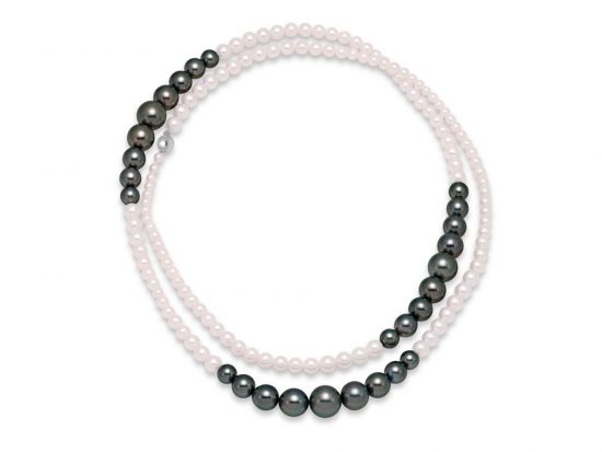 MASTOLONI - 14K White Gold 4-11+MM Multicolor Black Round Tahitian and White Round Akoya Pearl Strand 36 Inches
