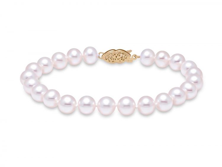MASTOLONI - 14K Yellow Gold 6.5-7MM White Round "A" Quality Freshwater Pearl Strand 7 Inches