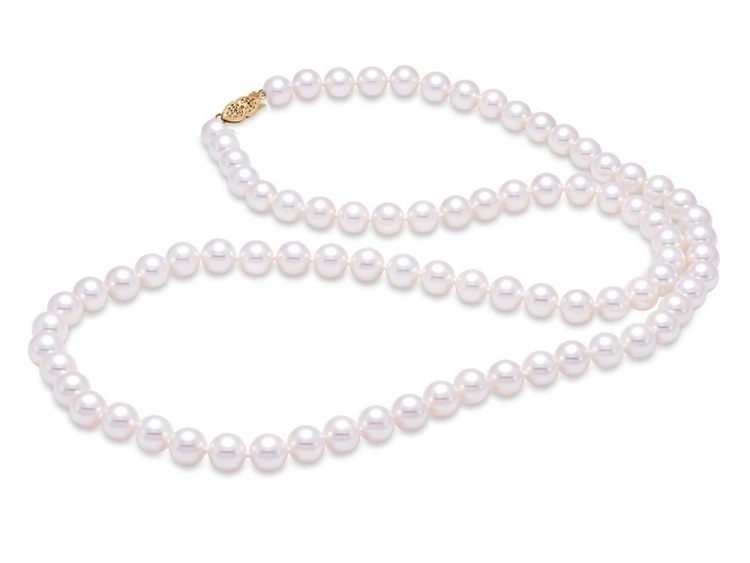 MASTOLONI - 14K Yellow Gold 7-7.5MM White Round "A" Quality Freshwater Pearl Strand 24 Inches