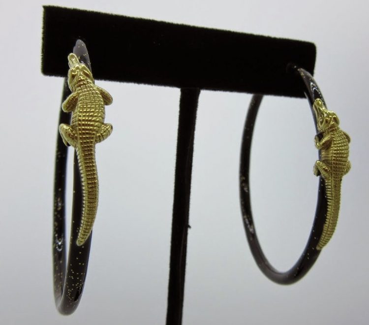 Black Enamel Alligator Hoop Earrings