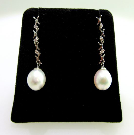 Freshwater Drop Pearl & Diamond Earrings