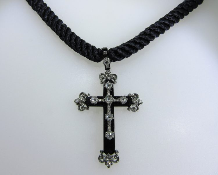 Diamond & Black Onyx Cross Pendant on Black Rope