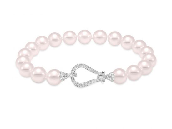 MASTOLONI - 18K White Gold 8-8.5MM White Round "A2" Quality Akoya Pearl Bracelet with 120 Diamonds 0.76 TCW 7.5 Inches