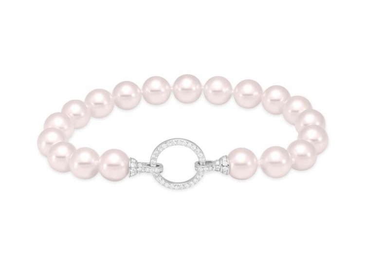 MASTOLONI - 18K White Gold 8-8.5MM White Round "A2" Quality Akoya Pearl Bracelet with 109 Diamonds 0.83 TCW 7.5 Inches