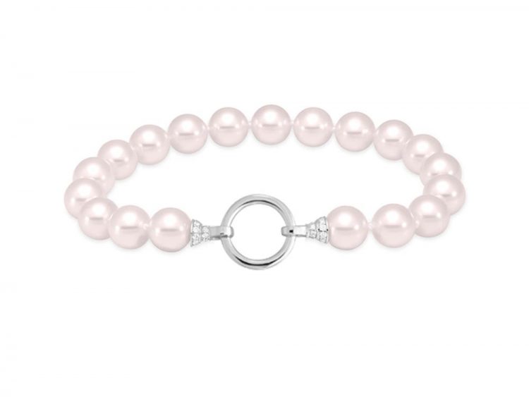 MASTOLONI - 18K White Gold 8-8.5MM White Round "A2" Quality Akoya Pearl Bracelet with 42 Diamonds 0.30 TCW 7.5 Inches