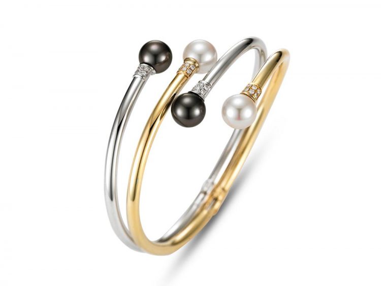 MASTOLONI - 14K Two Tone Gold 9-9.5MM Multicolor Black & White Round Cultured and Tahitian Pearl Bracelet with 24 Diamonds 0.30 TCW