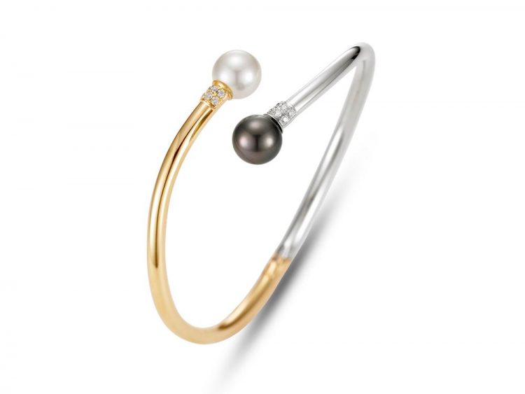 MASTOLONI - 14K Two Tone Gold 9-9.5MM Multicolor Black & White Round Cultured and Tahitian Pearl Bracelet with 12 Diamonds 0.15 TCW