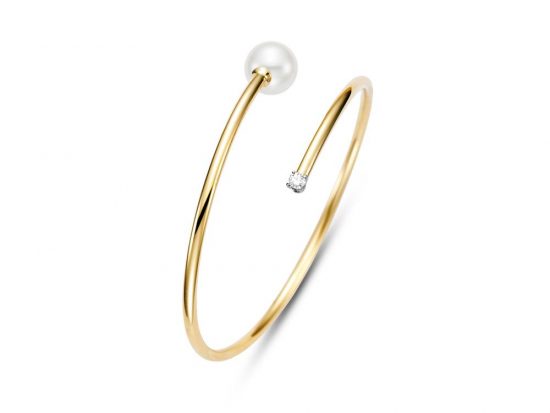 MASTOLONI - 18K Yellow Gold 9.75MM White Round Cultured Pearl Bracelet with 1 Diamond 0.09 TCW
