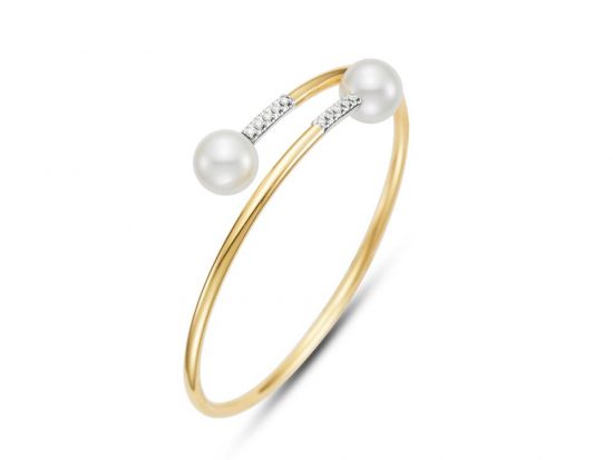 MASTOLONI - 18K Yellow Gold 9.75MM White Round Cultured Pearl Bracelet with 10 Diamonds 0.15 TCW