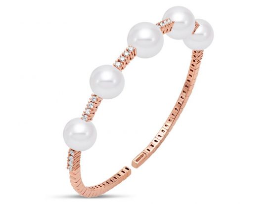 MASTOLONI - 18K Rose Gold 9.5-10.5MM White Round Cultured Pearl Bracelet with 24 Diamonds 0.55 TCW