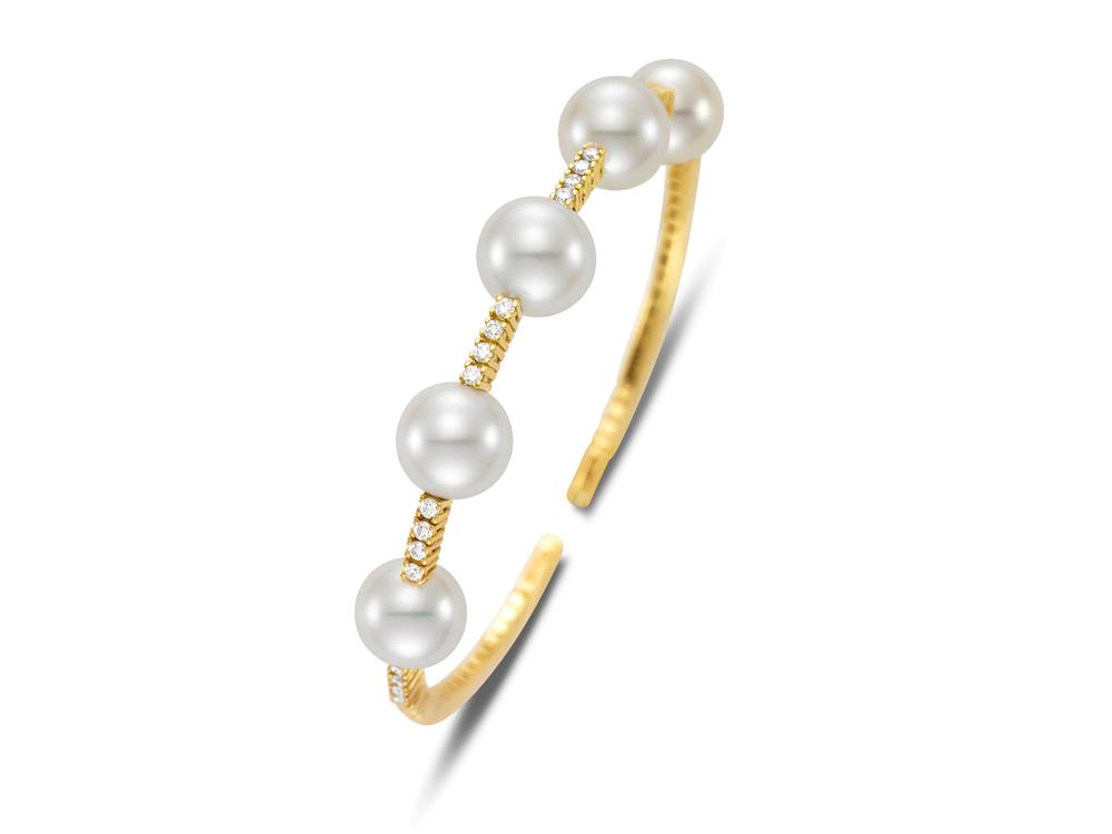 MASTOLONI - 14K Yellow Gold 9.5-10.5MM White Round Cultured Pearl Bracelet with 24 Diamonds 0.55 TCW