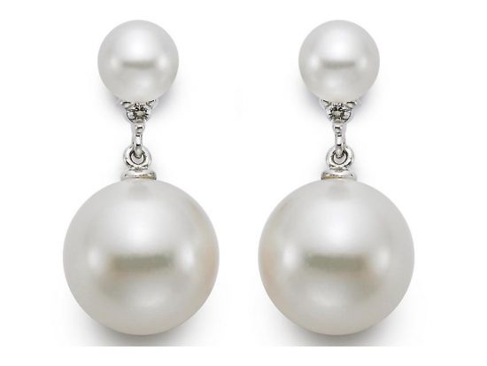 MASTOLONI - 18K White Gold 10-10.5MM White Round Cultured Pearl Earring with 2 Diamonds 0.04 TCW