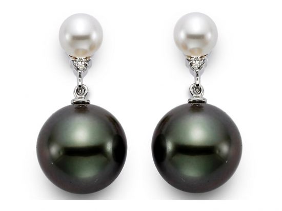 MASTOLONI - 18K White Gold 10.5-11MM Multicolor Black & White Round Tahitian Pearl Earring with 2 Diamonds 0.04 TCW