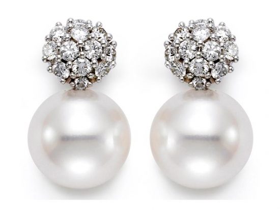 MASTOLONI - 18K White Gold 7.5-8MM White Round Cultured Pearl Earring with 24 Diamonds 0.24 TCW