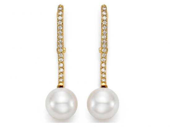 MASTOLONI - 18K Yellow Gold 9-9.5MM White Round Cultured Pearl Clip/Lever Back Earring with 32 Diamonds 0.29 TCW
