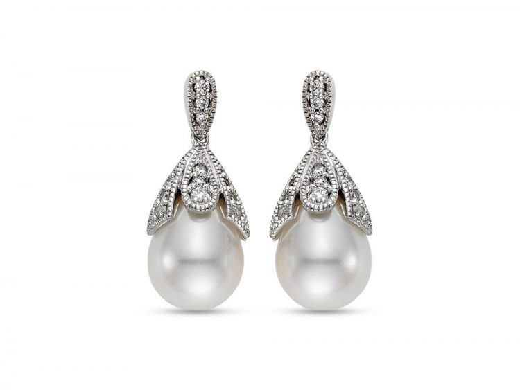 MASTOLONI - 18K White Gold 9-9.5MM White Drop Shaped Cultured Pearl Earring with 24 Diamonds 0.24 TCW