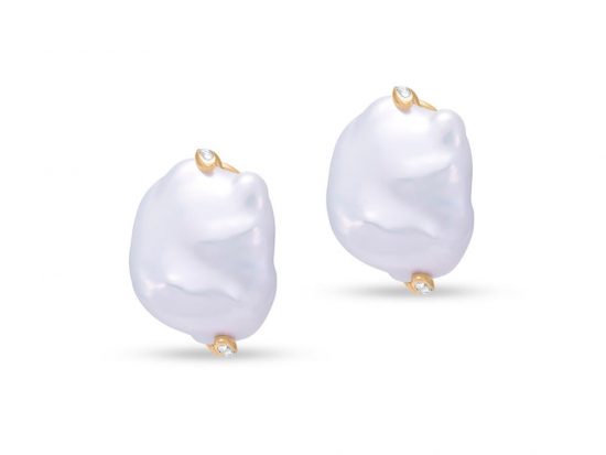 MASTOLONI - 14K Yellow Gold 15-20MM White Keshi Freshwater Pearl Clip/Lever Back Earring with 12 Diamonds 0.08 TCW