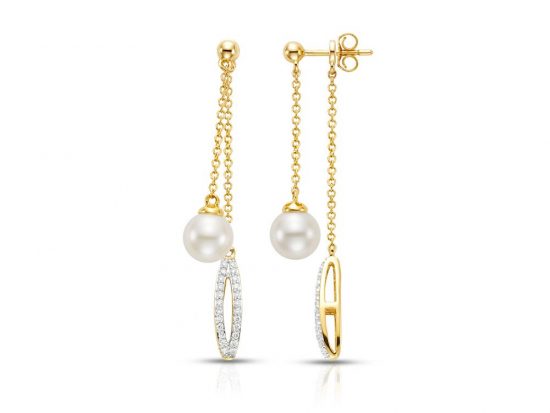 MASTOLONI - 14K Yellow Gold 7.5-8MM White Round Cultured Pearl Earring with 96 Diamonds 0.50 TCW