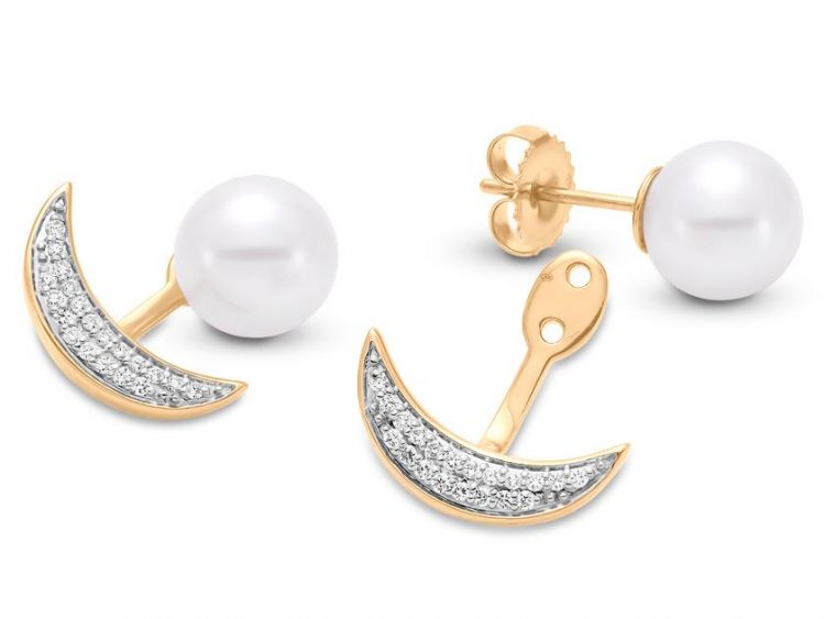 MASTOLONI - 14K Yellow Gold 8.5-9MM White Round Cultured Pearl Push Back Earring with 40 Diamonds 0.20 TCW