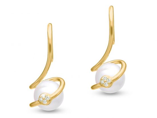 MASTOLONI - 18K Yellow Gold 8-8.5MM White Round Cultured Pearl Shepherds Hook Earring with 8 Diamonds 0.06 TCW
