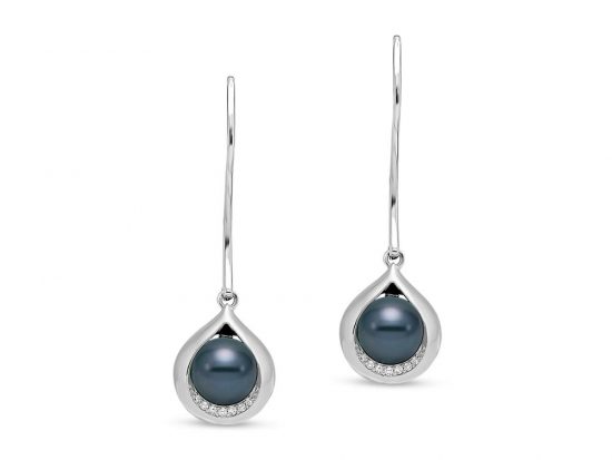 MASTOLONI - 18K White Gold 8-9MM Multicolor Black & White Round Tahitian Pearl Shepherds Hook Earring with 14 Diamonds 0.10 TCW