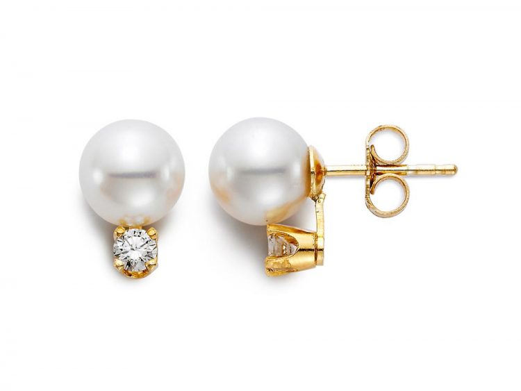 MASTOLONI - 18K Yellow Gold 5.5-6MM White Round "AA" Quality Akoya Pearl Earring with 2 Diamonds 0.08 TCW