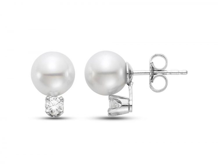 MASTOLONI - 18K White Gold 5.5-6MM White Round "AA" Quality Akoya Pearl Earring with 2 Diamonds 0.08 TCW