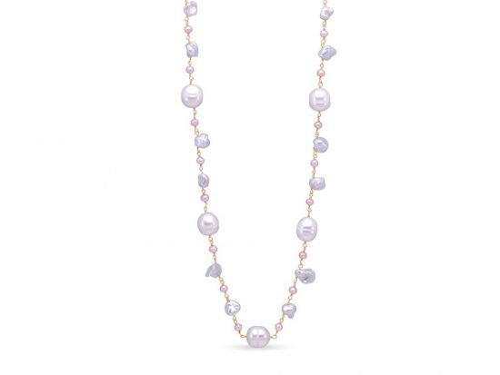 MASTOLONI - 14K Yellow Gold 3.5-9MM Multicolor Pink & White Keshi Freshwater Pearl Necklace 18 Inches