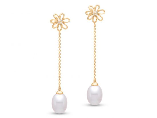 MASTOLONI - 14K Yellow Gold 7.5-8MM White Rice Shaped Freshwater Pearl Earring with 8 Diamonds 0.04 TCW