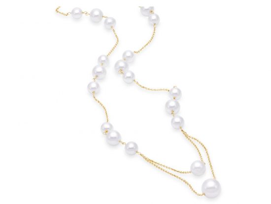 MASTOLONI - 14K Yellow Gold 6-10MM White Near Round Freshwater Pearl Necklace 18 Inches