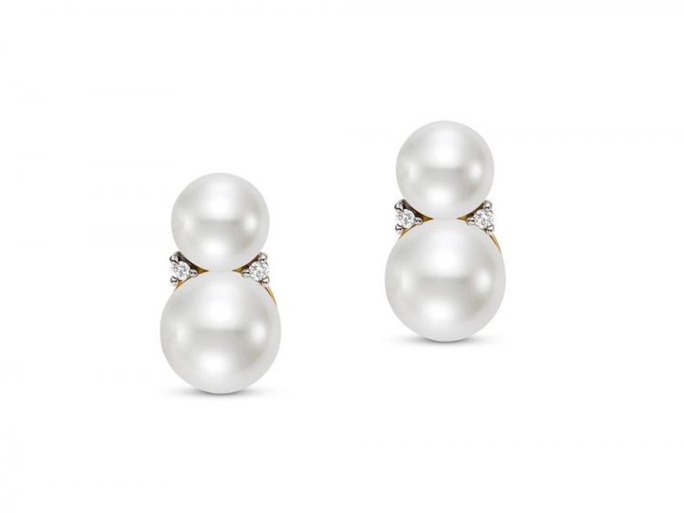 MASTOLONI - 14K Yellow Gold 6-8MM White Drop Shaped Freshwater Pearl Earring with 4 Diamonds 0.04 TCW