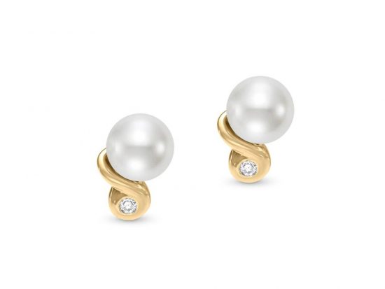 MASTOLONI - 14K Yellow Gold 6.5-7MM White Round Freshwater Pearl Earring with 2 Diamonds 0.04 TCW
