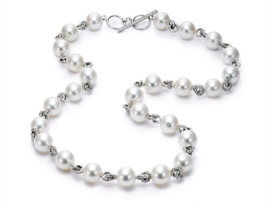 MASTOLONI - 18K White Gold 9.5-10MM White Round Cultured Pearl Necklace with 704 Diamonds 3.40 TCW 18 Inches