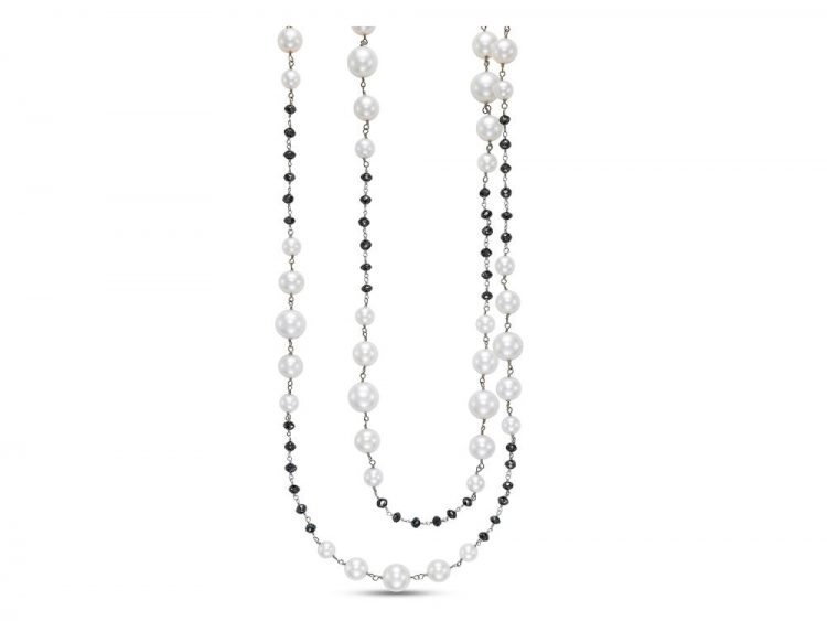 MASTOLONI - 18K White Gold 7-11MM White Round Cultured Pearl Necklace with 49 Diamonds 35.00 TCW 38-40 Inches