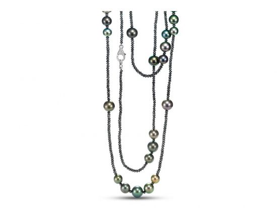 MASTOLONI - 18K White Gold 9-11MM Multiple Shades of Black Round Tahitian Pearl Necklace with Diamonds 65.39 TCW 42 Inches