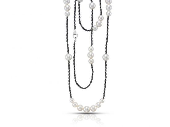 MASTOLONI - 18K White Gold 8-11.5MM White Round Cultured Pearl Necklace with Diamonds 65.39 TCW 42 Inches