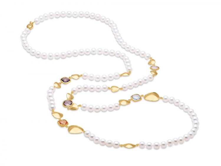 MASTOLONI - 18K Yellow Gold 6-6.5MM White Round Cultured Pearl Necklace with Semi Precious Stones 38 Inches