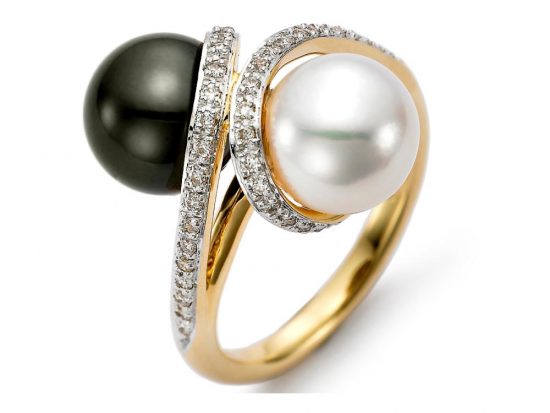 MASTOLONI - 18K Yellow Gold 9-9.5MM Multicolor Black & White Round Tahitian Pearl Ring with 40 Diamonds 0.22 TCW