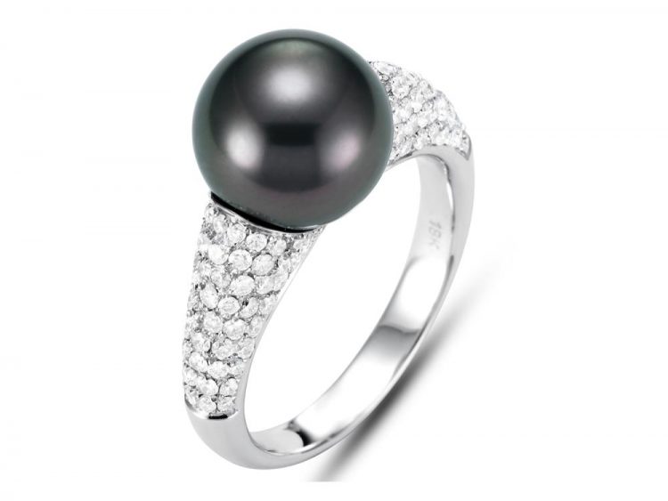 MASTOLONI - 18K White Gold 10.4MM Black Round Tahitian Pearl Ring with 126 Diamonds 1.01 TCW