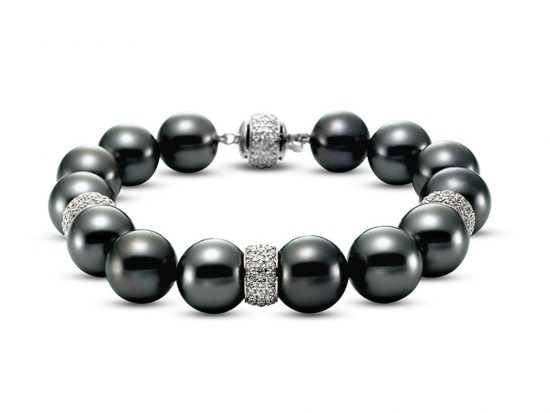 MASTOLONI - 18K White Gold 10.5-11MM Black Round Tahitian Pearl Bracelet with 159 Diamonds 2.06 TCW 7.25 Inches