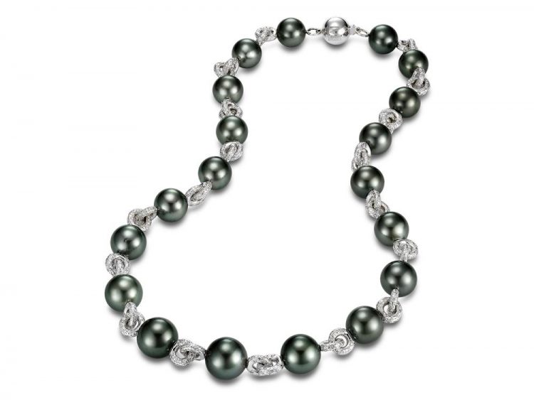 MASTOLONI - 18K White Gold 12.4-15.9MM Black Round Tahitian Pearl Necklace with 828 Diamonds 8.28 TCW 19 Inches