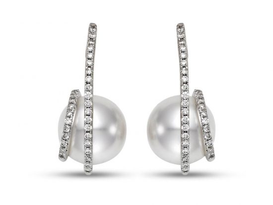 MASTOLONI - 18K White Gold 11.4MM White Round South Sea Pearl Earring with 64 Diamonds 0.52 TCW 1.25 Inches