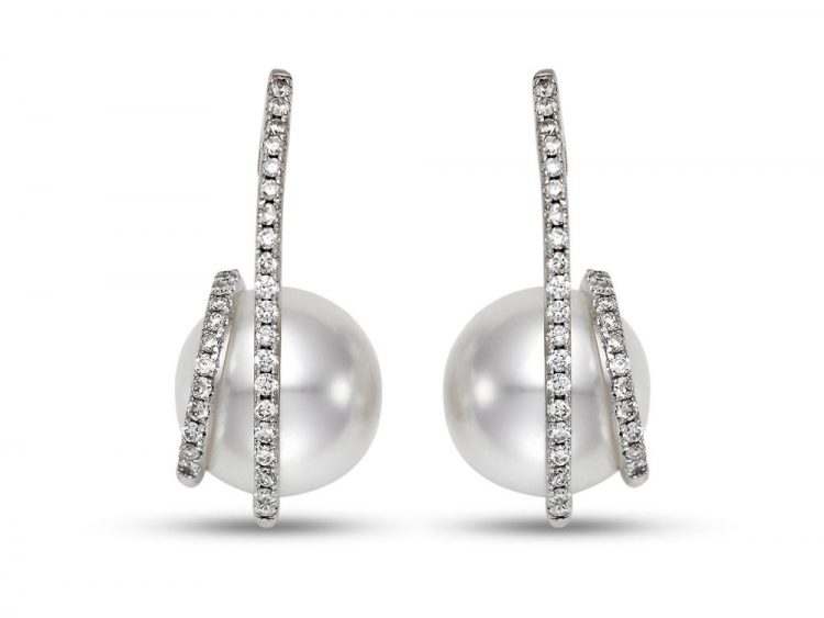 MASTOLONI - 18K White Gold 11.4MM White Round South Sea Pearl Earring with 64 Diamonds 0.52 TCW 1.25 Inches