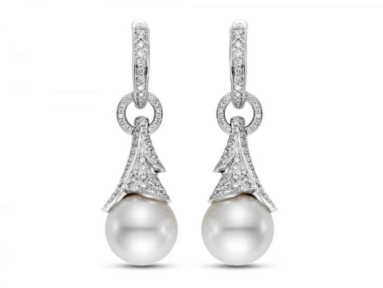 MASTOLONI - 18K White Gold 12.3MM White Round South Sea Pearl Clip/Lever Back Earring with 200 Diamonds 1.58 TCW 1.5 Inches