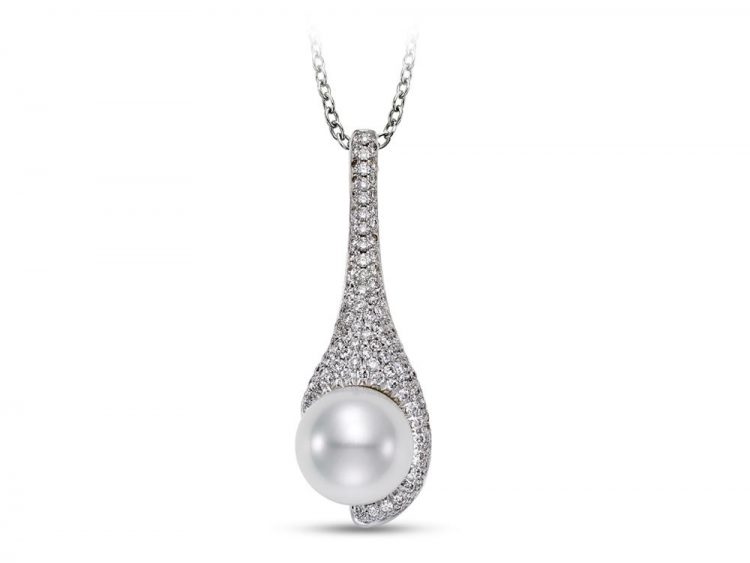 MASTOLONI - 18K White Gold 12MM White Round South Sea Pearl Pendant with 113 Diamonds 1.22 TCW 18 Inches