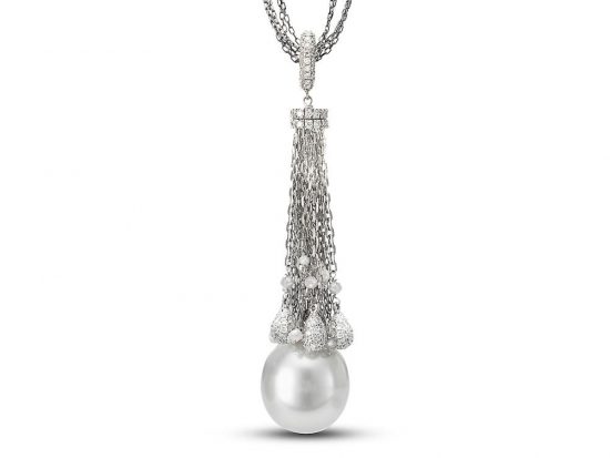 MASTOLONI - 18K White Gold 13.5-14MM White Drop Shaped South Sea Pearl Necklace with Diamonds 3.14 TCW 28 Inches