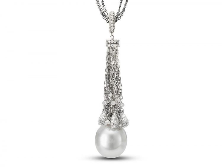 MASTOLONI - 18K White Gold 13.5-14MM White Drop Shaped South Sea Pearl Necklace with Diamonds 3.14 TCW 28 Inches