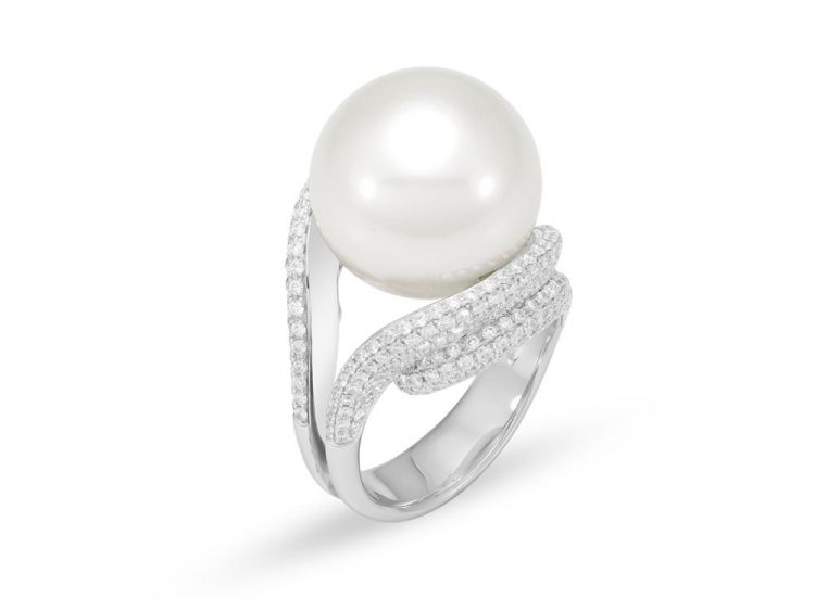 MASTOLONI - 18K White Gold 15.8MM White Round South Sea Pearl Ring with 342 Diamonds 1.73 TCW